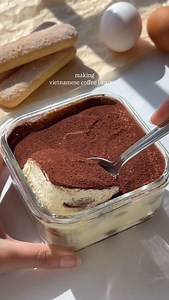 tuyen on Instagram: "making vietnamese coffee tiramisu ft sweetened condensed milk, mascarpone cheese cream and soft lady fingers 👼☕️ let me know if u want the recipe 👯‍♀️ #baking #homecafe #aesthetic #recipe #coffee #asmr #dessert #tutorial #vietnamese"