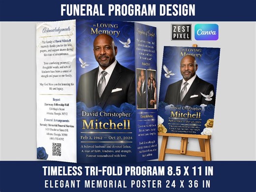 Tri Fold Funeral Program Template 8.5x11 Canva Editable With Bonus 24x36 Memorial Poster - Etsy