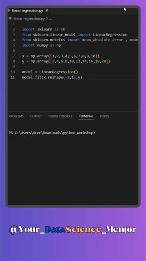 Linear Regression in 30 Seconds | Python Scikit-Learn Tutorial #ytshorts #youtube #datascience