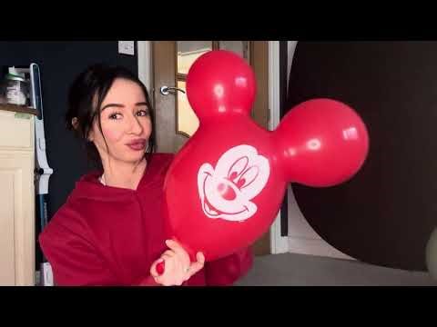 Blowing up a red Mickey Mouse themed balloon and loud noise deflate ASMR