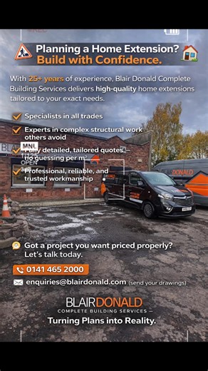 Blair Donald Complete Building Services Thinking about a new build or house extension but don’t want the stress of managing multiple trades? We specialise in structural projects and take care of everything — so you don’t have to. Our experienced team thrives on challenging builds, delivering quality from start to finish. 📐 Have drawings ready? 📩 Send them to enquiries@blairdonald.com 📞 Get in touch today to get your project moving. #extensionspecialists #extensions #extensionsglasgow #extensi