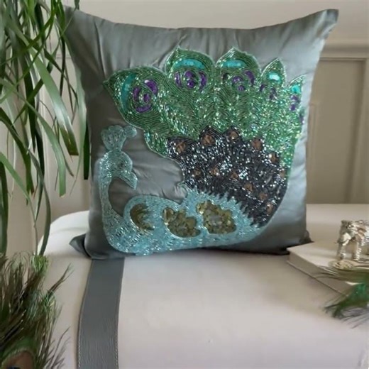 Blue Art Silk Beaded Birds Peacock Pillow – Dancing Peacock #transformyourhome #homedecor #pillowcov