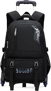 ZHANAO Solid-Color Rolling Backpack for Boys Trolley Bookbags for School Elementary Teens Boys Trolley Wheeled, 6 Wheels, Black+blue, QIM2724