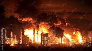 A large industrial facility engulfed in flames and thick black smoke, indicating a significant fire or explosion event.