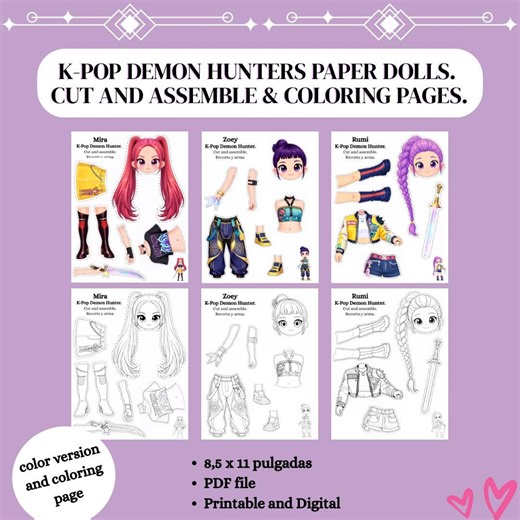 K-pop Demon Hunters Paper Dolls | Cut and Assemble & Coloring Pages | Printable Chibi Characters. - Etsy
