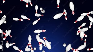 Falling Bowling Pins animated background. High quality 4k. 3d bowling balls pins. Sports and entertainment. pin bowling, strike, playing tennis bowl. Building bowling games. Activities entertainment