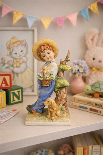 Lefton Japan 1970s Bisque Figurine Boy With Basket & Dog, KW5051 3x6.25” - Etsy UK