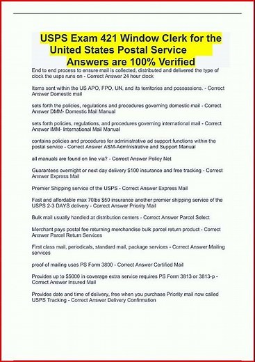 USPS Exam 421 Window Clerk for the United States Postal Service Answers are 100 Verified121 new vide