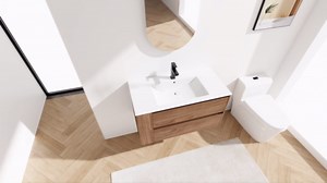 30 inch Bathroom Vanity with Sink, Floating Bathroom Vanity Cabinet with Gel Basin Top, Soft Close Drawers & Open Storage Shelves, Modern Wall Mounted Single Sink Bathroom Vanity, Brown Oak
