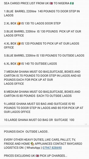 Our next container loading for sea cargo from Uk to Nigeria is on Tuesday 25th of November 2025 Ghana must go from £60 For further enquiries don't hesitate to call us on: 07947828690, 07960649159 Ray cargo Thanks. | R&M door to door Cargo/ granite supplier