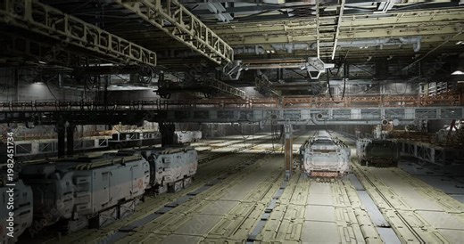 Heavy rail guided cargo system with overhead gantry and tracks, carriage alignment and precision calibration in progress, hoist and pulley assembly ready
