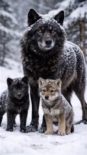 Snow-Black Mother Wolf and Her Pups | A Rare Winter Wonderland Moment 🐺❄️ #wolf #animals #wildlife