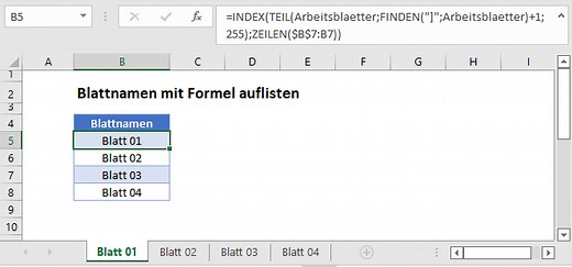 Blattnamen mit Formel auflisten - Excel