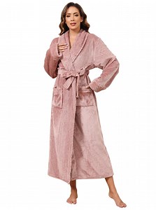 Robes for Women, LOFIR Long Womens Robes, Soft Fluffy Fleece Bath Robe with Front Pocket, Winter Warm Plush Lapel Women's Robes, Adjustable Belt, Taupe, L/XL