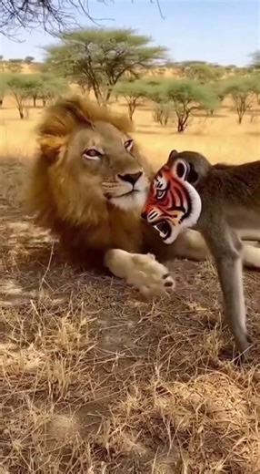 PRANK GONE WRONG? Monkey Wears Tiger Mask to Scare Sleeping Lion! 🦁🐵