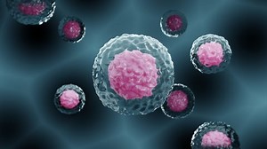 3d rendered animation illustration of Stem Cells Immunotherapy Stem Cell floating freely with a abstract fractal background