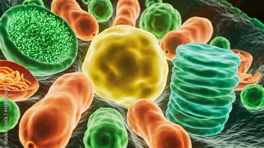 Colorful detailed 3D visualization of animal cell organelles featuring mitochondria, Golgi apparatus, lysosomes, and nucleus with vibrant textures, highlighting cellular biology and microscopic life.