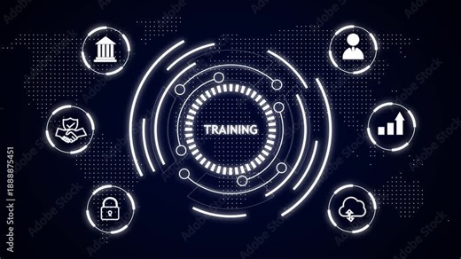 Digital training network hub with icons for education security growth and cloud services learning development