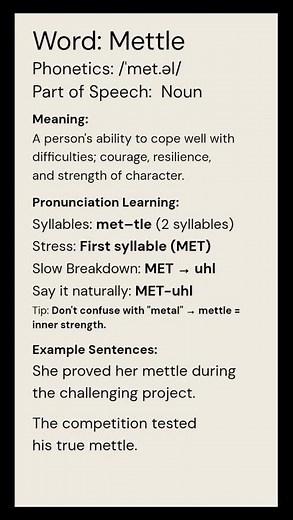 Mettle (/ˈmet.əl/) (Noun): A person’s ability to cope well with difficulties; courage, resilience...