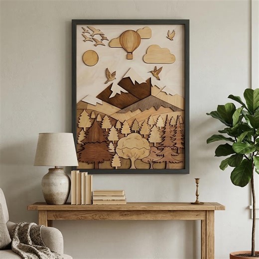 Handmade Mountain Wall Art, Layered Wooden Nature Decor, Forest, Birds, Air Balloon - Etsy