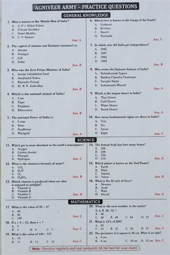 Agniveer Army Practice Questions 2026 🇮🇳 | GK + Science + Math MCQs with Answers #agniveer#army#gk