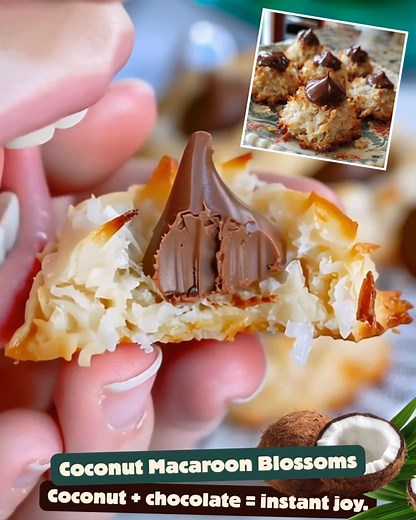 Coconut Macaroon Blossoms Chewy, toasty coconut meets a melty chocolate kiss in these adorable little blossoms — the kind of cookie that makes people say “wait, what are these?!” and immediately reach for another. For this recipe, you'll need: • 2⅔ cups sweetened shredded coconut • ⅔ cup sweetened condensed milk • 1 teaspoon vanilla extract • Pinch of salt • 24–30 chocolate kisses (unwrapped — try not to eat 5 while unwrapping...) Let’s break it down step by step: → Preheat your oven to 325°F (1