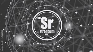 Strontium chemical element. Sign with atomic number and atomic weight. Chemical element of periodic table. Molecule and communication background. Connected lines with dots.