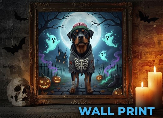 Zombie Dog Halloween Wall Art | Spooky Rottweiler Poster | Skeleton Hoodie Pet Print | Digital Download | Creepy Cute Halloween Decor - Etsy