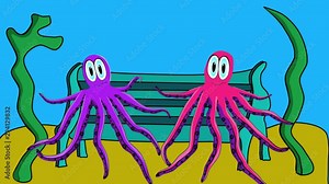 Ecology concept art of ocean pollution with cartoon of animal octopuses in love at bottom sitting on bench who are scared of tin can falling on them from shore. 2d animation.
