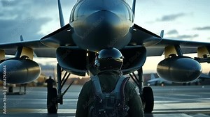 A close-up of a jet fighter parked at the airport, with its wings stretched wide and a pilot in a flight suit, preparing for an intense flight mission ahead.