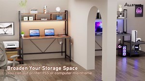 Computer Desk with Printer Stand & Hutch, 69 Inch Gaming Desk with LED Lights & Power Outlets, Home Office Desk with Storage Shelves & Hooks for Bedroom, Living Room, Small Spaces, Black