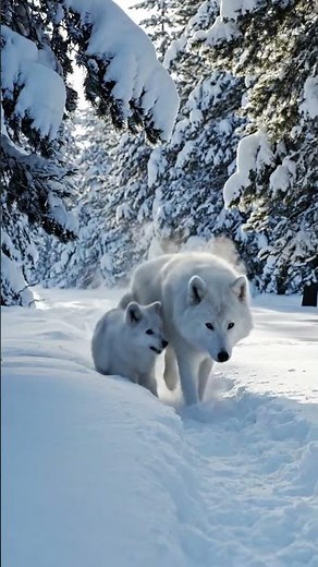 White Wolf Walking With Its Cubs Through a Frozen Forest | Pure Wildlife Moment