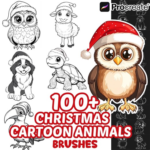 Christmas Cartoon Animals Procreate Brushes, Reindeer, Bear, Cat, Christmas Characters,christmas Procreate