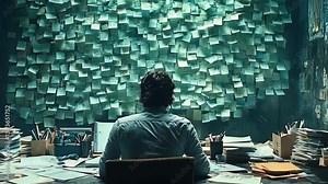 Overwhelmed businessman at cluttered desk, surrounded by sticky notes