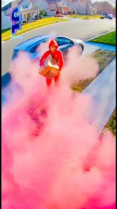 A porch pirate wearing a bold red jumpsuit grabs a package and makes a quick escape—until a powerful pink explosive package detonates moments later. The blast covers her head-to-toe in bright pink as she freezes in shock before running off. Fast, loud, and unforgettable porch pirate karma caught on camera. #reels | Sora Funny Videos