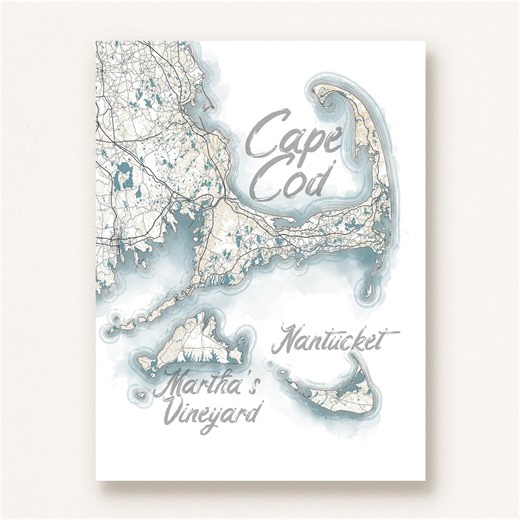 Cape Cod Map Print, Watercolor Style, Martha's Vineyard, Nantucket Island - Etsy