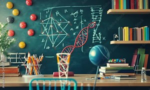 DNA Model on a Study Desk in a Classroom Setting