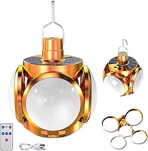 Solar Camping Light, USB/Solar Rechargeable, 5 Lighting Modes/Waterproof/Foldable, Gold, LED, Portable LED Camping Tent Lamp