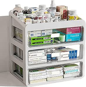 Multidrawer Plastic Storage Box Organizer,Medicine Box-Multifunctional Storage Container,Stationery,Office Items,Easy Access,Family Article Organizer,Organize Medications(White-Tall Drawers-4 Layer)
