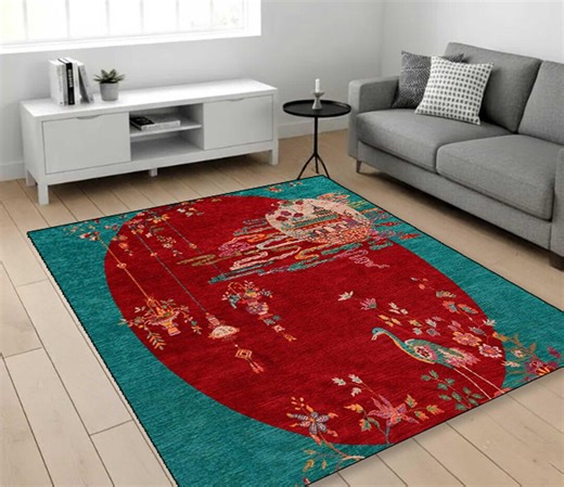 Red Circle Oriental Rug, Asian Crane Pattern Rug, Vintage Style Area Rug, Floral Living Room Rug, Washable, Non-slip, Digital Printing - Etsy