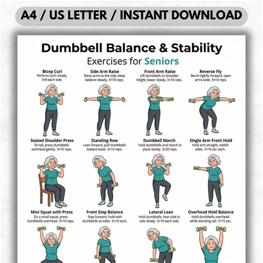Dumbbell Exercises for Seniors Printable Chart | Balance & Stability Workout Poster | Elderly Fitness Guide | A4 and US Letter PDF - Etsy