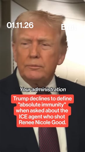 Brut on Instagram: "After Vice President JD Vance said that the ICE agent who fatally shot Renee Good in Minneapolis last week was protected by "absolute immunity" as a government employee, Trump failed to define the term to reporters aboard Air Force One. ⁣ ⁣ Trump said that Good was a "violent" and "radical" person, indicating that she had antagonized ICE before she was shot. ⁣ ⁣ #ICE #Minneapolis #ICEShooting #AbsoluteImmunity #ReneeGood"
