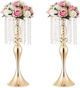 Gold Centerpieces for Table Wedding: 21.3in Crystal Flower Arrangement Stand, Gold Flower Vase, Wedding Centerpieces for Tablesfor Event, Reception, Birthday, Home Decor, 2 Pcs