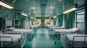 Hospital office with modern interior design and large windows,hospital bed