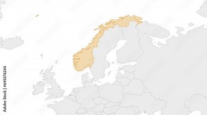 Animation of Norway country map on the world map. Animation of map zoom in with border and marking of major cities and capital of the country Norway. Background with alpha channel. Motion design.