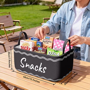 Large Snack Basket for Pantry & 5 Seal Clips - Snack Bin Organizer for Countertop - Imitation Linen Snack Storage Containers for Storing Chips, Pretzels, Cookies, Popcorn and more,Gray