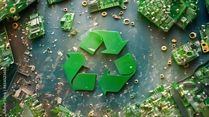 Electronic waste with green recycle symbol emphasizes importance of proper disposal. Concept E-Waste Disposal, Green Recycling Symbol, Environmental Sustainability, Electronic Recycling Stock Video