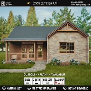 Cozy Cabin House Plans | 32x36 Tiny Cottage Blueprint (digital Download) - Etsy