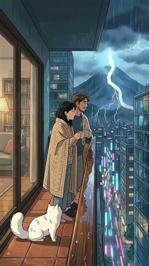Rainy Night with Couple & Cat 🌧️ Balcony ASMR | No Dialogue, No Subtitles | #ghibli #shorts #anime