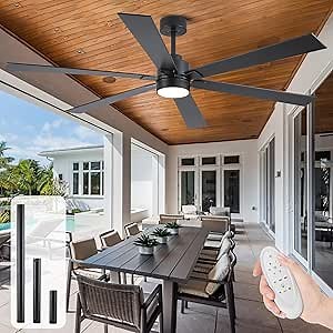 ZHUYILONG 66 Inch Outdoor Ceiling Fan with Light, Black Industrial Fan with Remote, High CFM Quiet DC Motor, Wet Rated for Patio & Porch, Modern 6 Blade Ceiling Fans